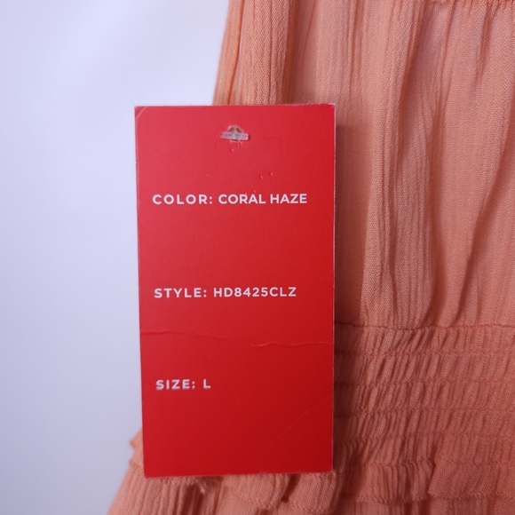 Hot Kiss Sun Dress Tiered Peach Coral Smocked Size Large Adjustable Straps NWT - Picture 10 of 11